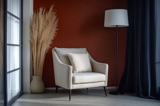 Cozy modern living room with beige armchair and tall pampas grass against warm terracotta wall in sunlight