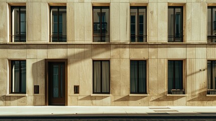 Obraz premium Modern Parisian building facade, minimalist design, full wall with windows and doors, sunny afternoon, tranquil atmosphere, no people around.