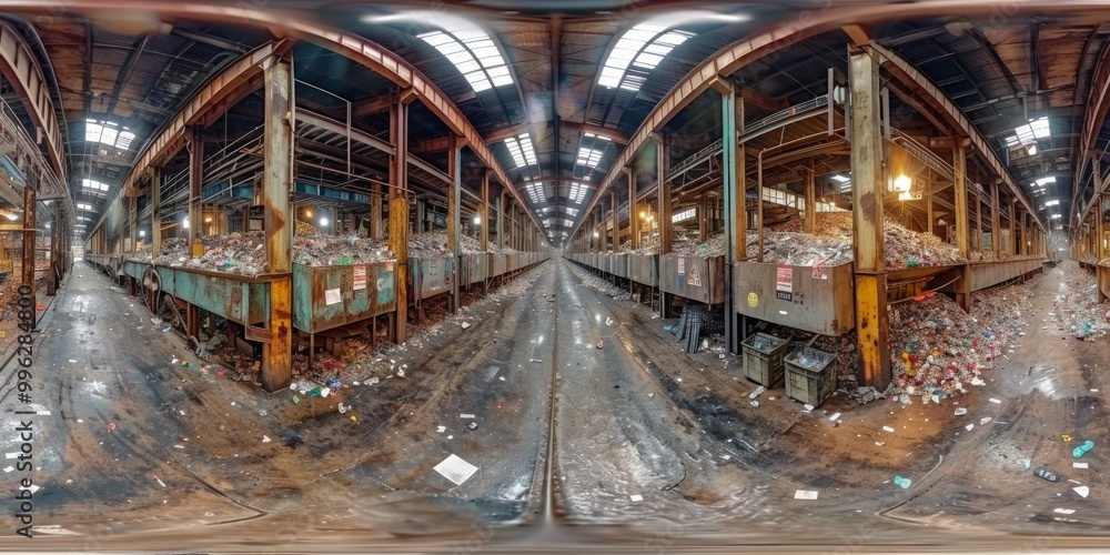 Poster an immersive 360-degree panorama of a zero-waste recycling facility, where advanced sorting technolo