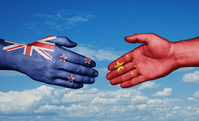 China and New Zealand country handshaking with flags, consensus concept international co-operation illustration