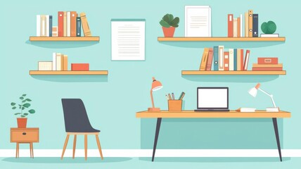 Fototapeta premium Bamboo shelves with sustainable decor in a study room, flat design illustration