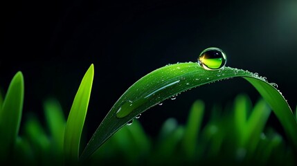 Dewdrop on a Blade of Grass: A single, glistening dewdrop rests delicately on a vibrant green blade of grass, illuminated against a dark background, creating a serene and captivating image. 