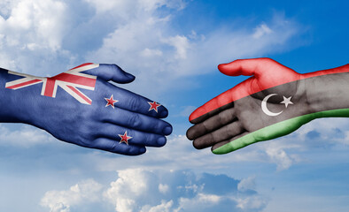 Libya and New Zealand country handshaking with flags, consensus concept international co-operation illustration