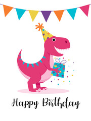 dinosaur happy birthday card vector, smiling pink dinosaur in party hat holding gift. Ideal for birthday invitations, cards, and party decorations with a fun theme.