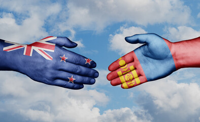 Mongolia and New Zealand country handshaking with flags, consensus concept international co-operation illustration