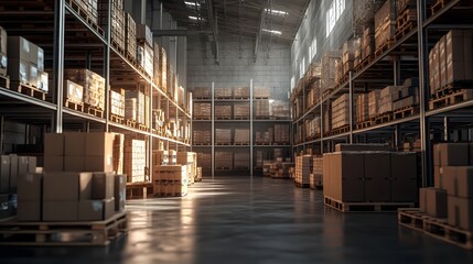 Fototapeta premium Shot of a large warehouse with neatly stacked boxes and pallets filled with goods, creating an atmosphere that evokes the essence of modern storage technology