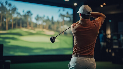  Closeup of a Professional Male Golfer Playing Golf Indoors in a Simulator