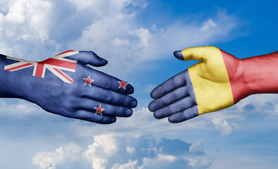 Romania and New Zealand country handshaking with flags, consensus concept international co-operation illustration