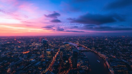 Fototapeta premium Aerial panorama of a large metropolis at twilight, with city lights starting to glow against the fading daylight.