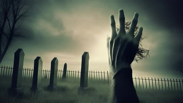 Halloween night background of numerous scary zombie hands risen up. Hands reaching out to the sky. Horror and fear concept. All Saints' Night at the Cemetery animation