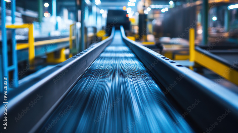Poster conveyor belt transporting raw materials in modern industrial setting, showcasing efficient movement