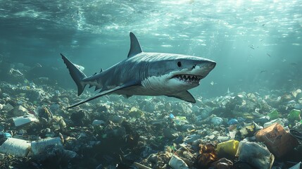 Fototapeta premium A shark swimming past submerged piles of garbage, symbolic of marine life threatened by human waste, ecological disaster