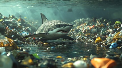 Obraz premium A great white shark swims through a sea of plastic pollution.