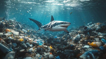 Obraz premium A shark swimming past submerged piles of garbage, symbolic of marine life threatened by human waste, ecological disaster