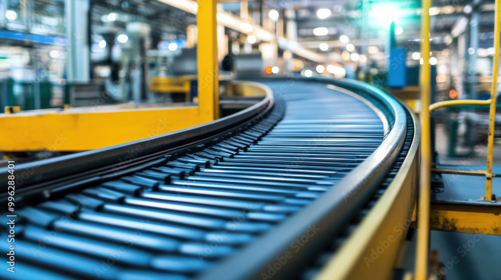 Poster conveyor belt transporting materials in modern industrial facility, showcasing efficiency of automat