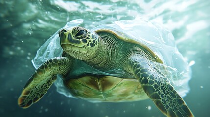 Fototapeta premium Sea turtle trapped in plastic bag, ocean pollution