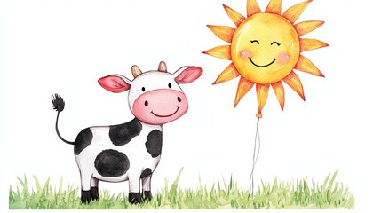 Obraz premium A playful cow holding a balloon shaped like a smiling sun.