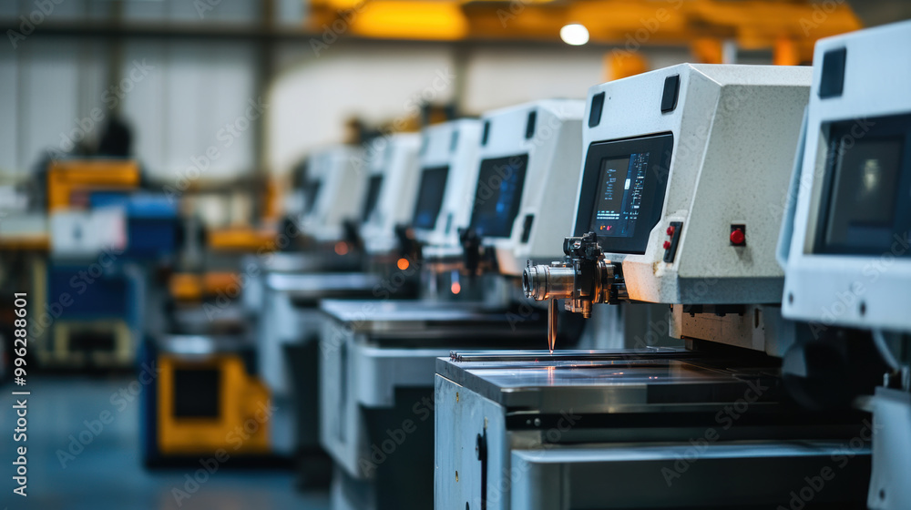 Poster high tech cnc machines are lined up in modern manufacturing facility, showcasing precision engineeri
