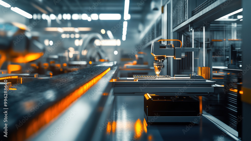Poster high tech factory featuring automated machines and advanced robotics, showcasing precision manufactu