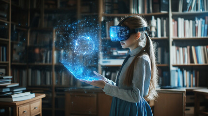 School student with VR headset using AI artificial intelligence technology & machine learning.Interactive technology in classroom. Innovation & smart tech. AI blue hologram in education