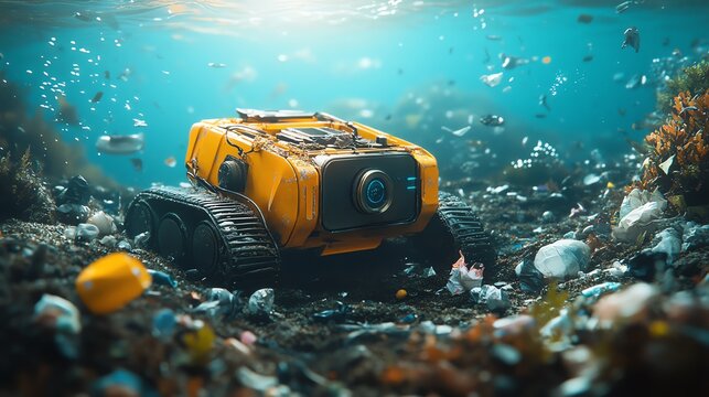 A yellow underwater robot explores the ocean floor, surrounded by fish and seaweed.