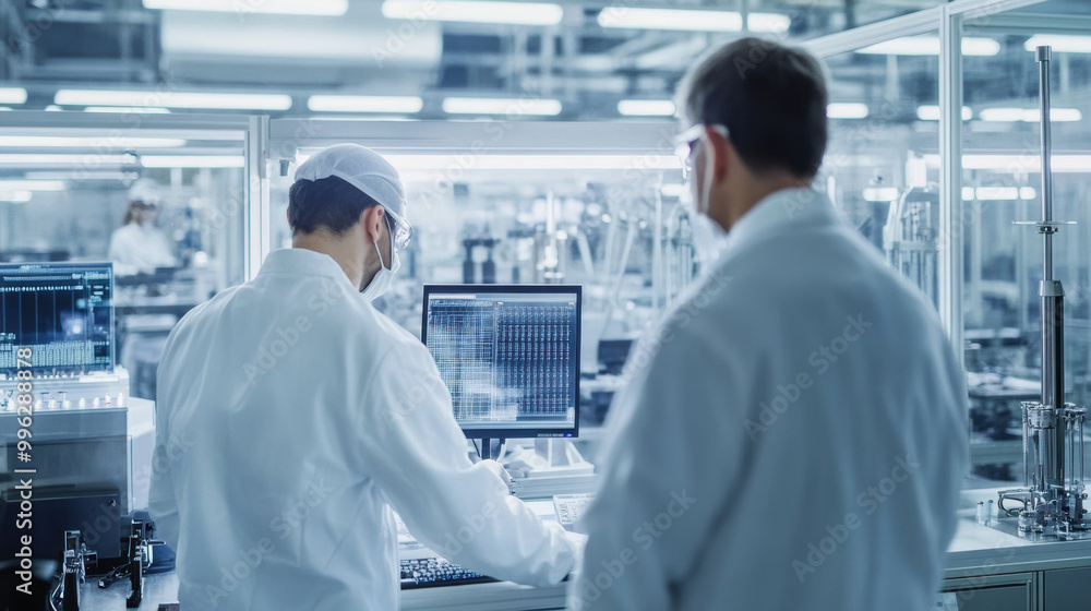 Poster in modern laboratory, team of engineers is closely monitoring production processes on computer scree