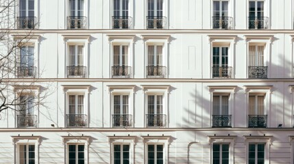 Obraz premium Modern Parisian building, minimalist facade, complete wall with windows and doors, sunny afternoon, peaceful atmosphere, no people around.