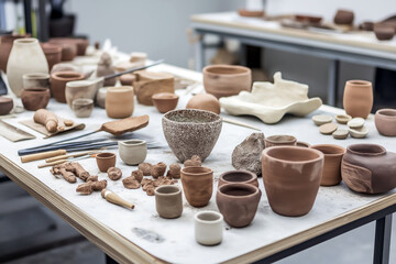 A table filled with clay in various stages of preparation, tools, and finished ceramic products, showing the complete production process.