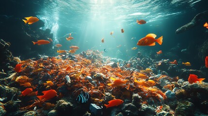 Naklejka premium Sunlight beams through polluted ocean water with fish swimming above debris.