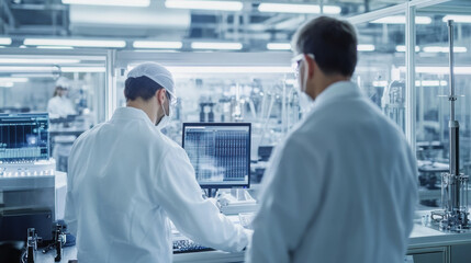 Obraz premium In modern laboratory, team of engineers is closely monitoring production processes on computer screen, showcasing precision and collaboration in high tech environment