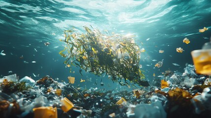Fototapeta premium Seaweed intertwined with plastic debris, a stark contrast of natural elements and manmade pollution under the sea