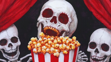 A spooky circus tent with skeletons, creepy clowns, and eerie popcorn, capturing the dark carnival vibe.