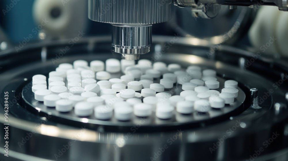 Aufkleber automated equipment ensuring uniformity in size of white tablets during production. precision of mac