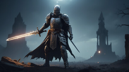 Fototapeta premium Ghostly Knight with Glowing Sword in Dark Landscape