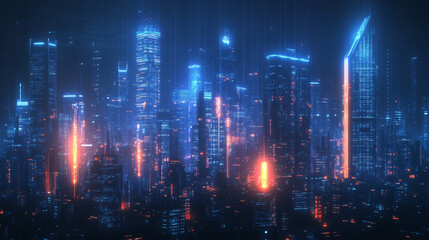 A nighttime view of a futuristic city with sleek, illuminated skyscrapers, showcasing advanced technology. The scene captures the essence of innovation and progress, providing a premium background ide