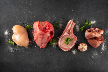Protein carnivore diet, animal protein different sources - raw meat, liver, chicken, offals, heart,...