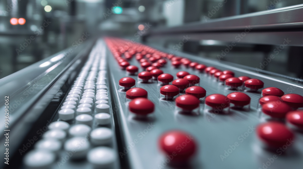 Poster automated systems managing encapsulation process showcase conveyor belt filled with red and white ca