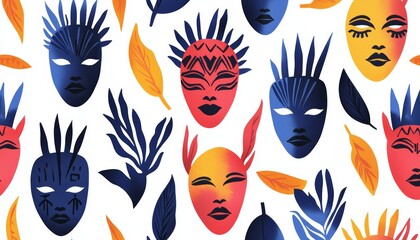 An artistic pattern of traditional African-inspired tribal masks and dancing silhouettes, symbolizing ancestral spirits and rituals.