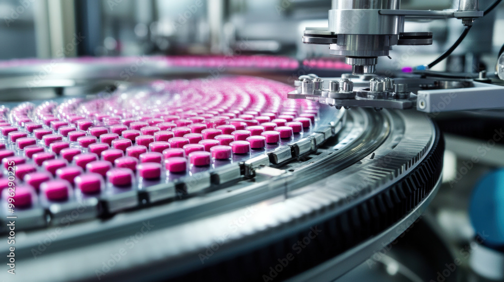 Poster automated visual inspection systems detecting defects in pharmaceutical production lines, showcasing