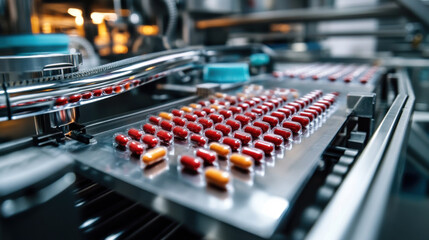 Automated visual inspection systems are crucial in ensuring quality of pharmaceutical products. This image showcases close up of production line with red and yellow capsules being processed
