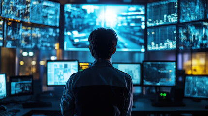 image depicts person monitoring multiple screens in high tech control room, showcasing centralized monitoring system that ensures safety and security