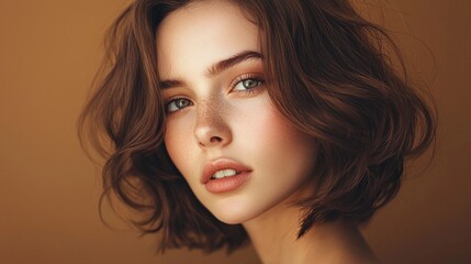 Naklejka premium Portrait of a beautiful brown-haired woman with a short haircut on a brown background