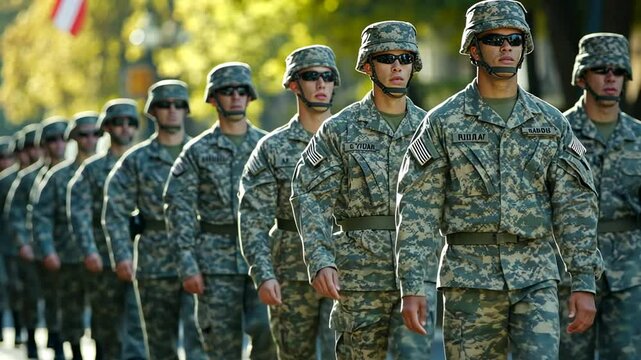 Soldiers Marching in Formation During a Military Parade in Autumn Generative AI