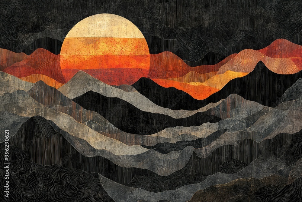 Wall mural abstract landscape with sunset over mountain ranges