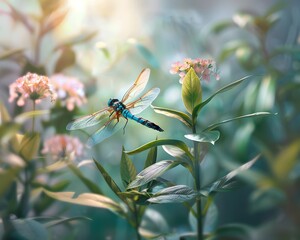 Naklejka premium Vibrant Dragonfly in Augmented Reality Garden with Blooming Flowers and Lush Greenery