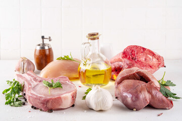 Protein carnivore diet, animal protein different sources - raw meat, liver, chicken, offals, heart,...