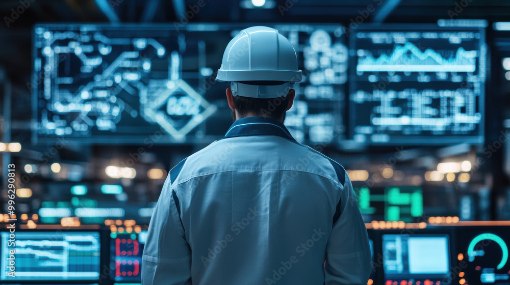 Poster technician in hard hat observes data on multiple screens, showcasing advanced monitoring solutions i