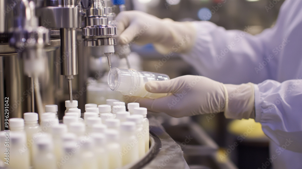 Poster image depicts laboratory setting where person in gloves is handling bottle during quality assurance process. focus is on precision and cleanliness in professional environment