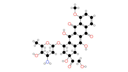 Naklejka premium epirubicin molecule, structural chemical formula, ball-and-stick model, isolated image antineoplastic agents