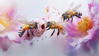 Fototapeta premium Charming bees buzzing around a beehive, with soft pastel colors and playful expressions.